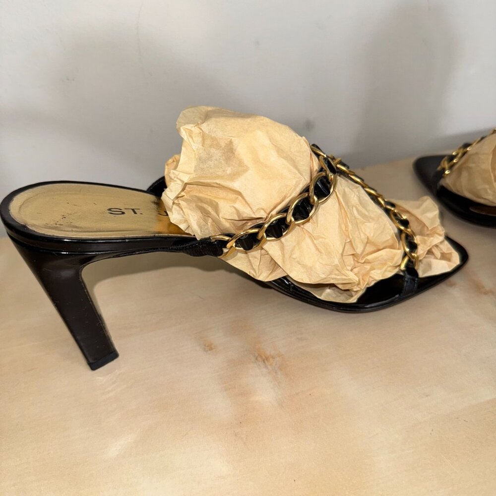 St. John Black Patent Leather Heel Sandals Size 8.5 M Catena Strappy Gold Chain - Picture 10 of 16